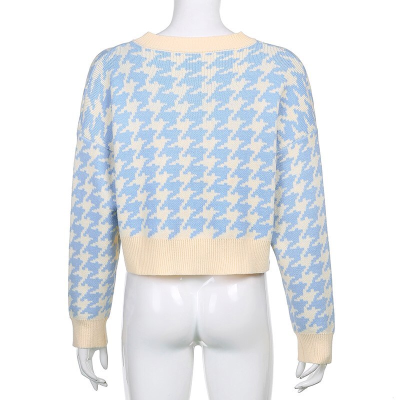Cute Vintage Plaid Button Cardigan V Neck Knit Cropped Long Sleeve Shirt Sweater Pullover Aesthetic E-Girl Kawaii Korean Japanese Harajuku Streetwear