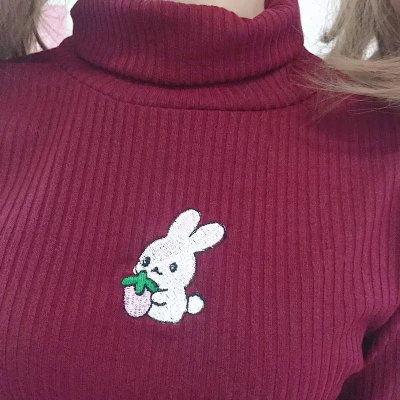 Cute Rabbit Animal Embroidery Knit Turtleneck Sweater Sweatshirt Pullover Long Sleeve Shirt E-Girl Kawaii Korean Japanese Harajuku Streetwear