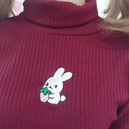 Cute Rabbit Animal Embroidery Knit Turtleneck Sweater Sweatshirt Pullover Long Sleeve Shirt E-Girl Kawaii Korean Japanese Harajuku Streetwear