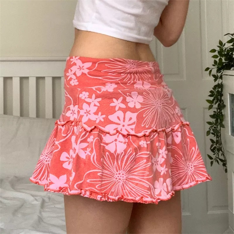 Hawaiian Hibiscus Flower High Waist Pleated Ruffle Mini Skirt
