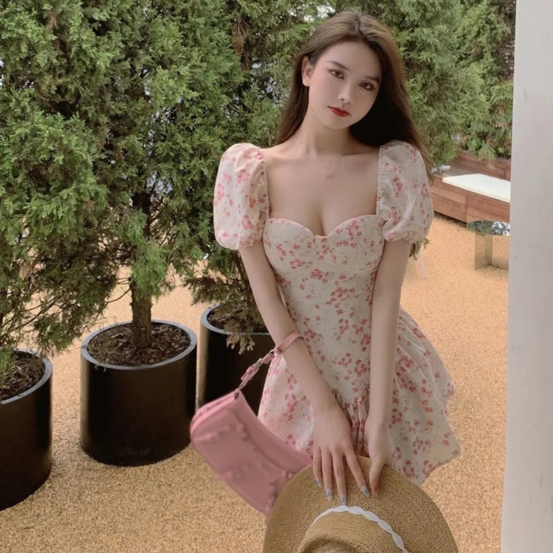 Floral Square Neck Puff Sleeve Dress