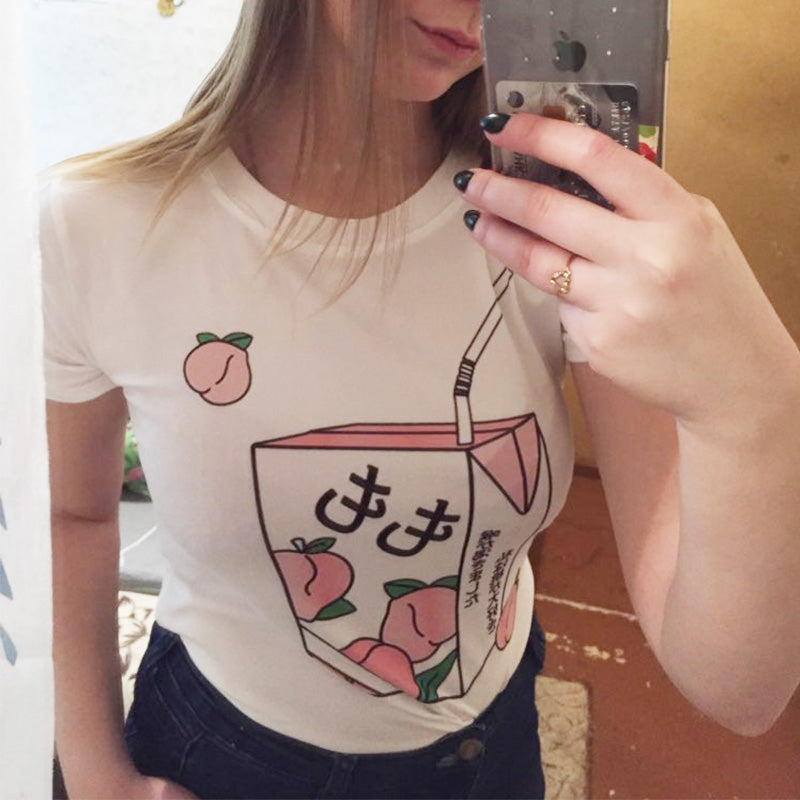 Cute Pink Peach Juice Drink Pastel Short Sleeve Shirt T-shirt Tee Top Kawaii Korean Japanese Harajuku Chinese Retro Streetwear Aesthetic Fashion
