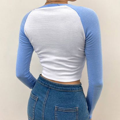 Cute Color Contrast Patchwork Crop Top Long Sleeve Shirt TeeT-shirt Casual Autumn E-Girl Kawaii Korean Japanese Harajuku Streetwear