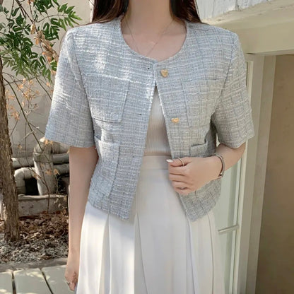 Heart Button Tweed Short Sleeve Blouse