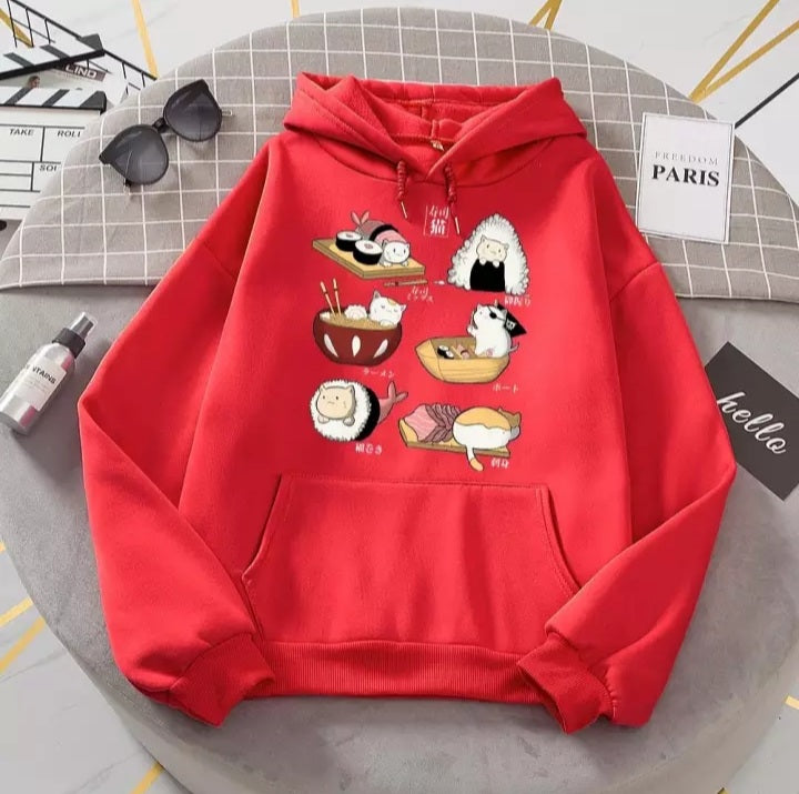 Cute Cat Sushi Cartoon Print Oversized Hoodie Fleece Sweatshirt Pullover Aesthetic Casual E-Girl Kawaii Korean Japanese Harajuku