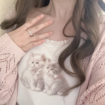 Cat Lace Trim Crop Top