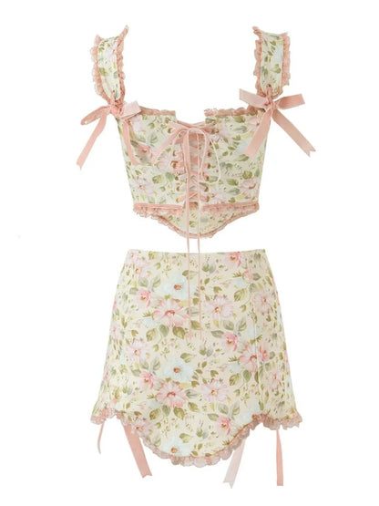 Floral Print Lace Up Corset Top + Mini Skirt