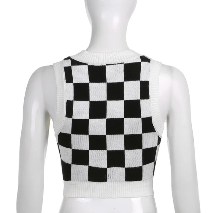 Cute Preppy Argyle Plaid Sweater Vest Sleeveless Knit Crop Top V Neck Shirt Aesthetic Casual Summer E-Girl Kawaii Korean Japanese Harajuku