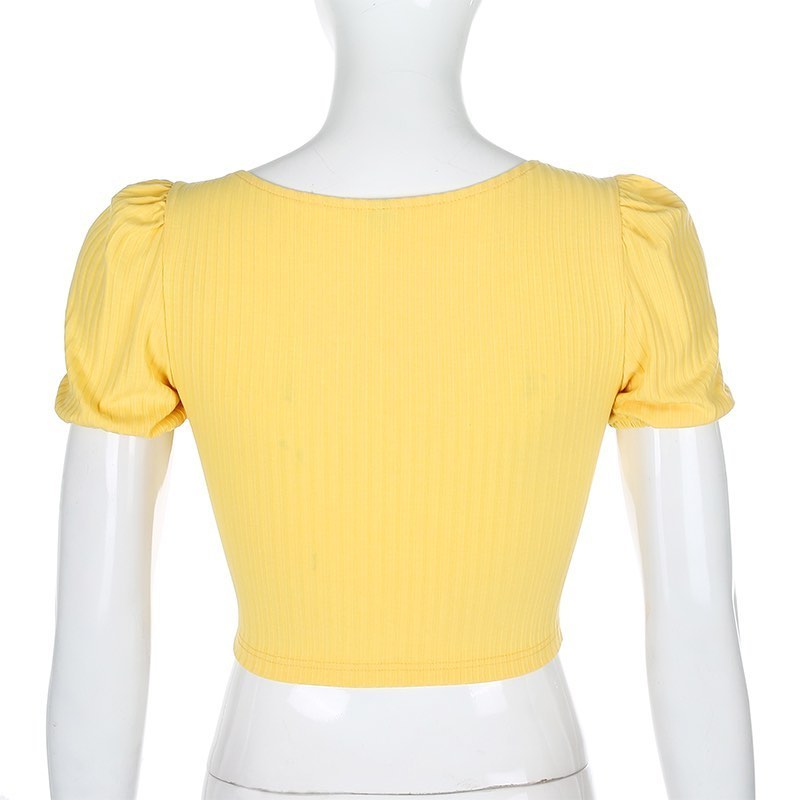 Cute Yellow Flower Embroidery Button V Neck Short Sleeve Shirt Crop Top Cardigan Summer Aesthetic E-Girl Kawaii Korean Japanese Harajuku Streetwear