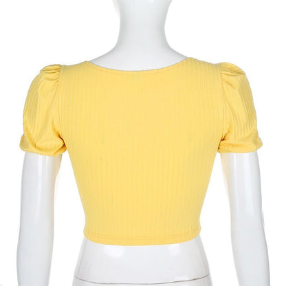 Cute Yellow Flower Embroidery Button V Neck Short Sleeve Shirt Crop Top Cardigan Summer Aesthetic E-Girl Kawaii Korean Japanese Harajuku Streetwear