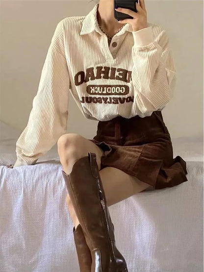 Beige Embroidery Polo Collar Embroidery Oversized Long Sleeve Shirt
