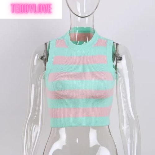 Cute Vintage Mint Green Pastel Stripe Knit Crop Top Sleeveless Tank Aesthetic Casual Summer E-Girl Kawaii Korean Japanese Haraju