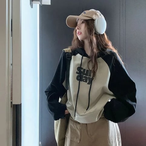 Oversized Sunday Patchwork Cropped Hoodie