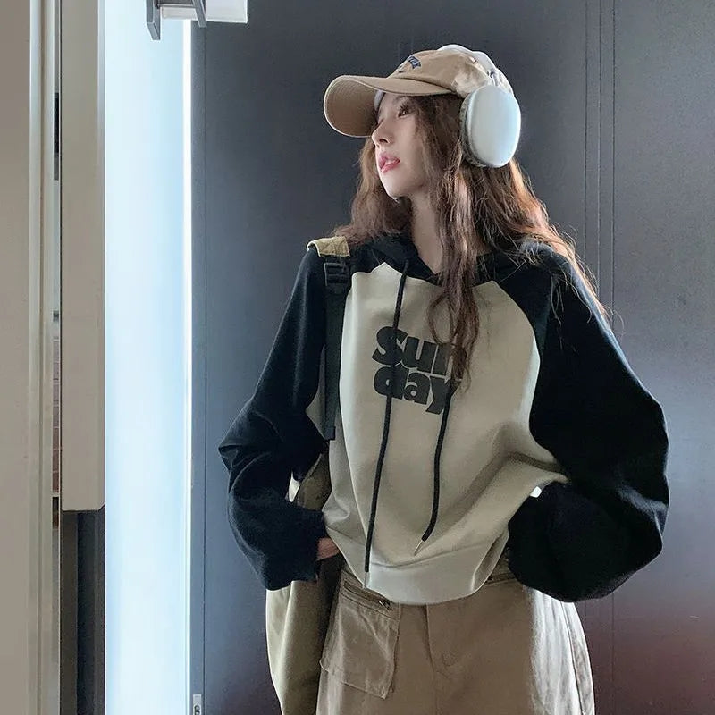 Oversized Sunday Patchwork Cropped Hoodie