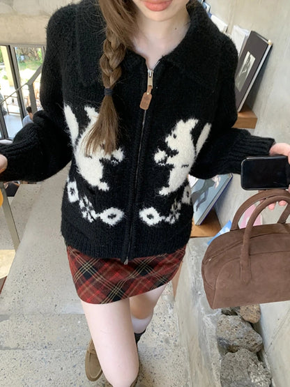 Squirrel Graphic Zipper Sweater