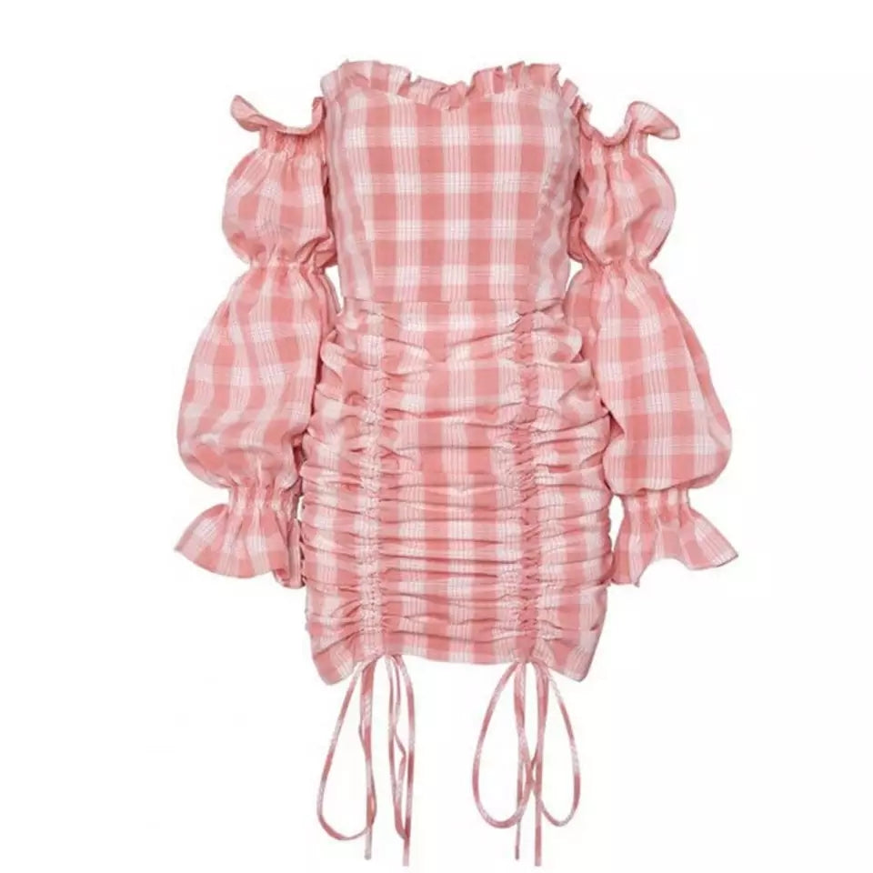 Cute Pink Gingham Plaid Off Shoulder Long Sleeve Drawstring Bodycon Dress Aesthetic Casual Summer E-Girl Kawaii Korean Japanese Harajuku