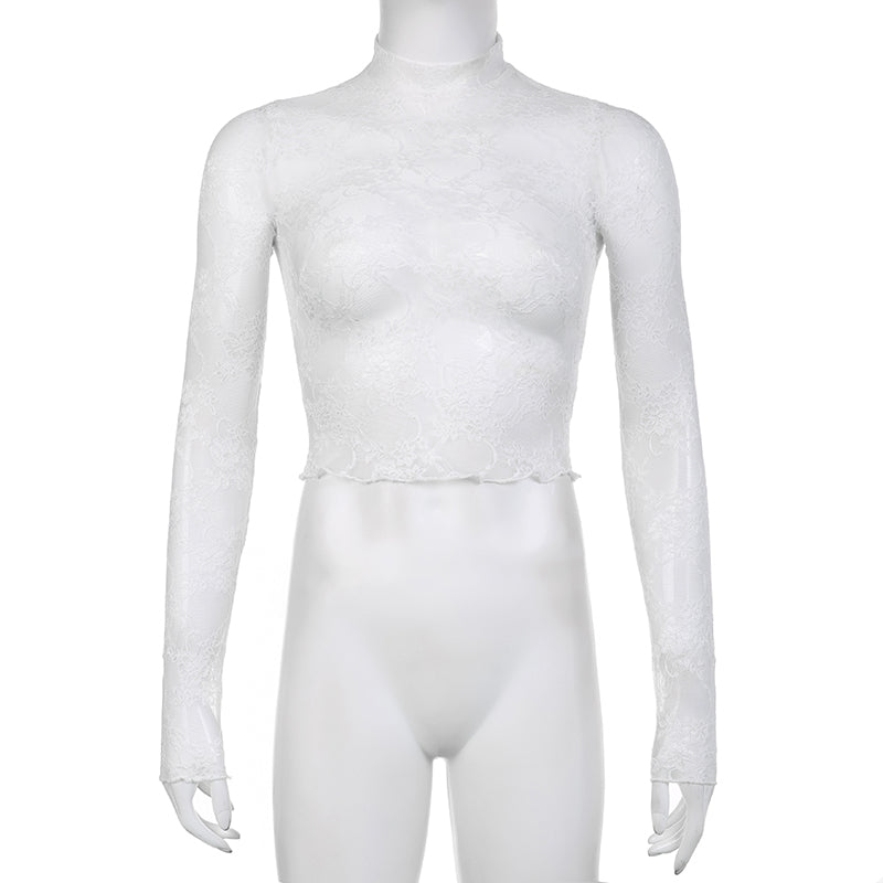 White Transparent Lace Turtleneck Crop Top