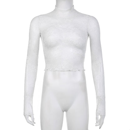 White Transparent Lace Turtleneck Crop Top
