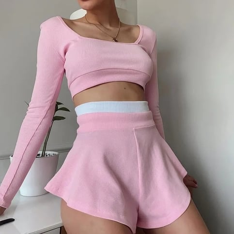 2PCS Pink Patchwork Long Sleeve Shirt + Shorts