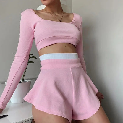 2PCS Pink Patchwork Long Sleeve Shirt + Shorts