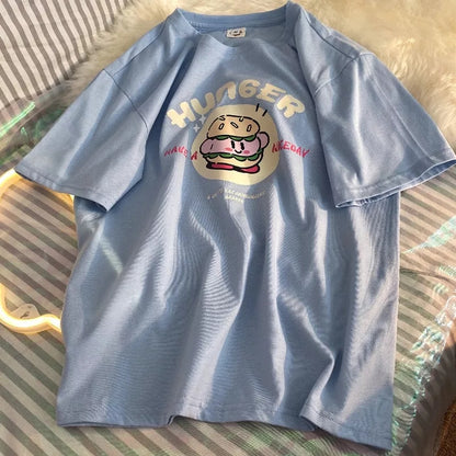 Burger Japanese Anime Print Loose Short Sleeve T-shirt
