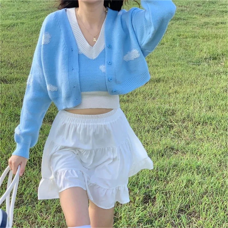 2PCS Blue Sky Cloud Vest + Knit Cardigan