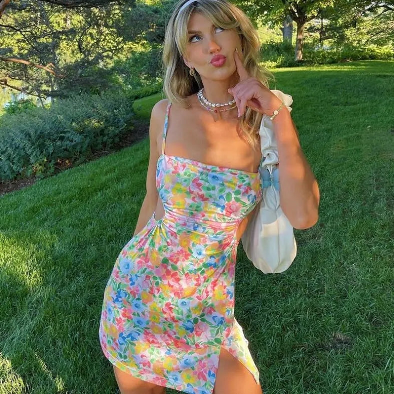 Floral Hollow Out Slit Mini Dress