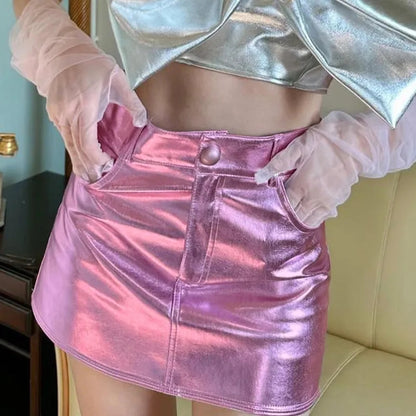 Pink Metalic Pocket Mini Skirt