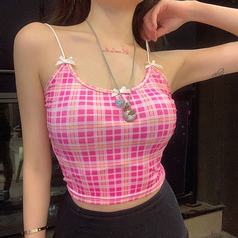 Cute Sexy Pink Checkered Plaid Tank Cami Crop Top Shirt Tee T-shirt E-Girl Kawaii Korean Japanese Harajuku Chinese Retro Streetwear Aesthetic