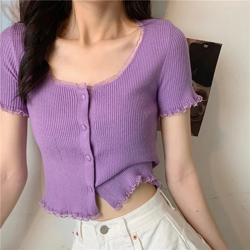 Yellow Lace Knit Short Sleeve Top