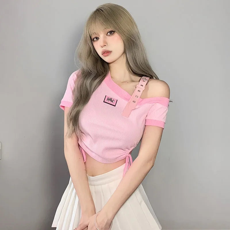 Sweet Pink Off Shoulder Short Sleeve Shirt