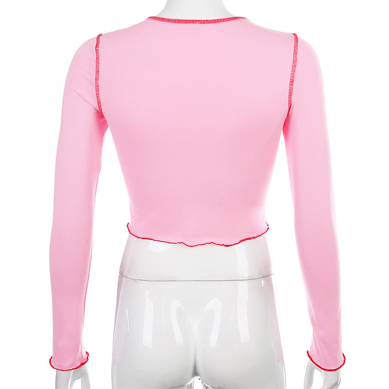 Cute Pink Cherry Fruit Embroidery Crop Top Long Sleeve Shirt T-shirt Causal Tee Summer E-Girl Kawaii Korean Japanese Harajuku Streetwear