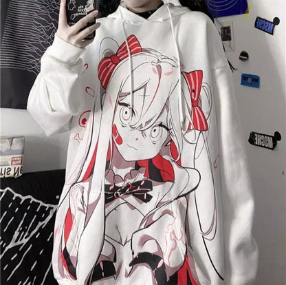 Cute Pink Anime Girl Cartoon Graphic Print Oversized Fleece Hoodie Sweatshirt Aesthetic Casual E-Girl Kawaii Korean Japanese Harajuku