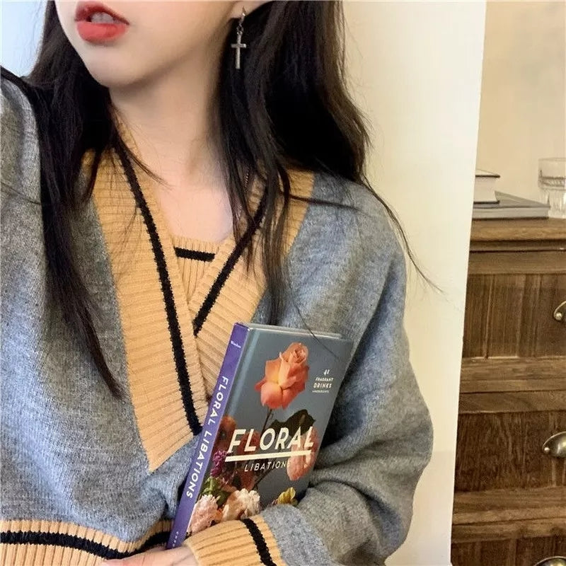 Panelled V Neck Cropped Loose Long Sleeve Jumper