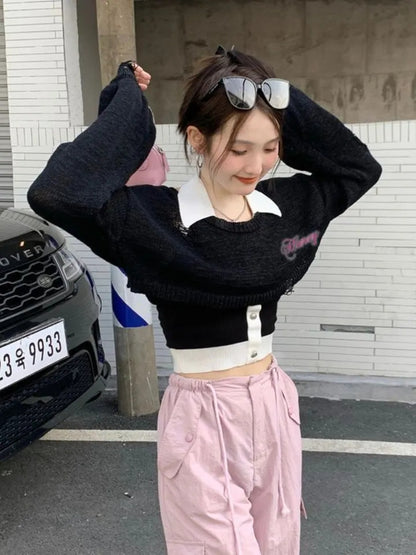 Pink Y2K Oversized Cropped Smock Sweater