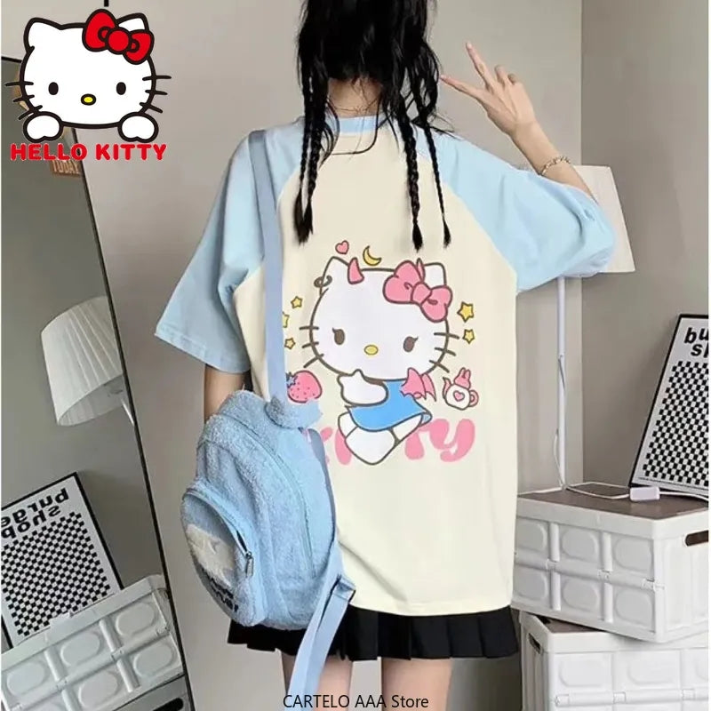 Japanese Cat Print Patchwork Short Sleeve T-shirt