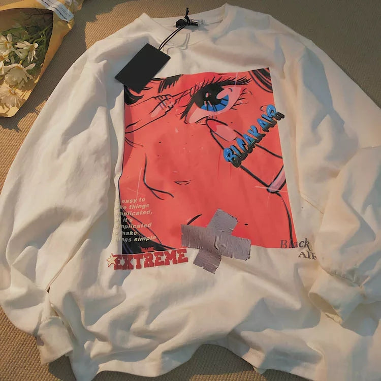 Cute Black Anime Girl Cartoon Print Hoodie Sweatshirt Long Sleeve Shirt Aesthetic Casual Summer E-Girl Kawaii Korean Japanese Harajuku