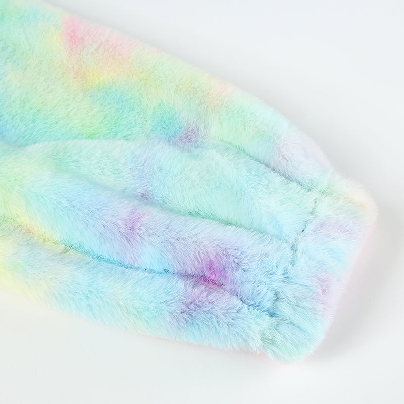 Cute Casual Rainbow Furry Tie Dye Plush Crop Long Sleeve Loose Sweatshirt Pullover E-Girl Kawaii Korean Japanese Harajuku Retro Streetwear Aesthetic
