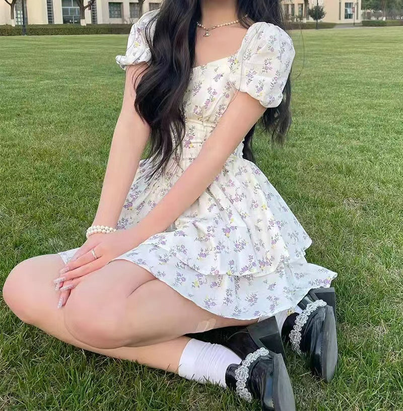 Floral Print Square Neck Puff Sleeve Dress