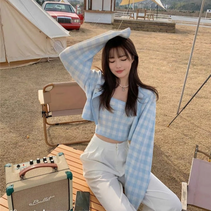 Cute Pastel Candy 2pcs Soft Plaid Knit Cardigan Sweater + Crop Top Vest Aesthetic Casual Summer E-Girl Kawaii Korean Japanese Harajuku