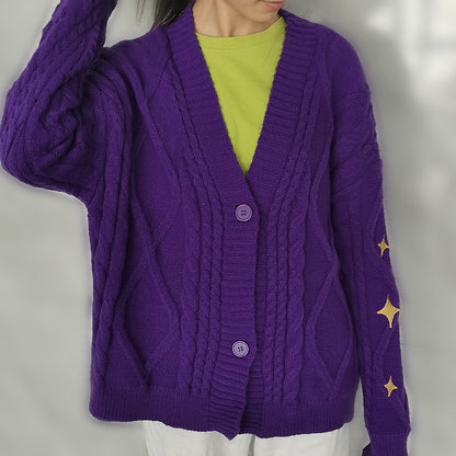 Purple Star Embroidery Button Cardigan