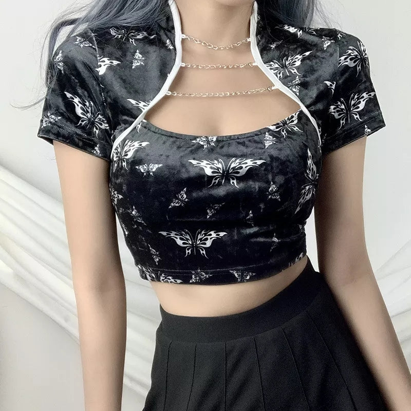 Cute Chinese Style Butterfly Crop Top Short Sleeve Shirt Blouse Summer Aesthetic Casual E-Girl Kawaii Korean Japanese Harajuku