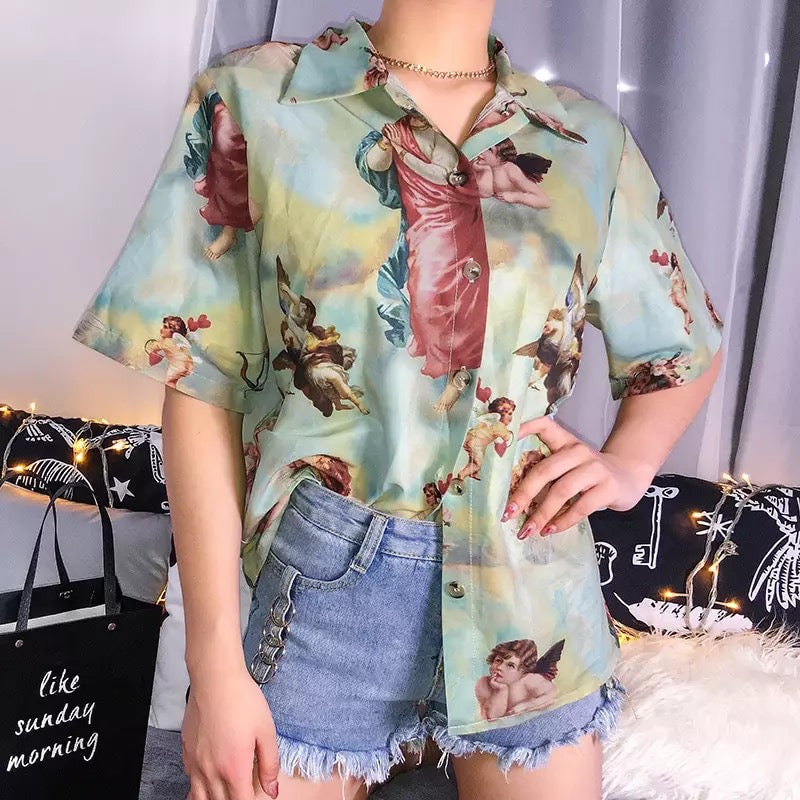 Classic Angel Print Loose Thin Shirt Blouse Summer Bottom Short Sleeve Tee Shirt T-shirt E-Girl Kawaii Korean Japanese Harajuku Streetwear