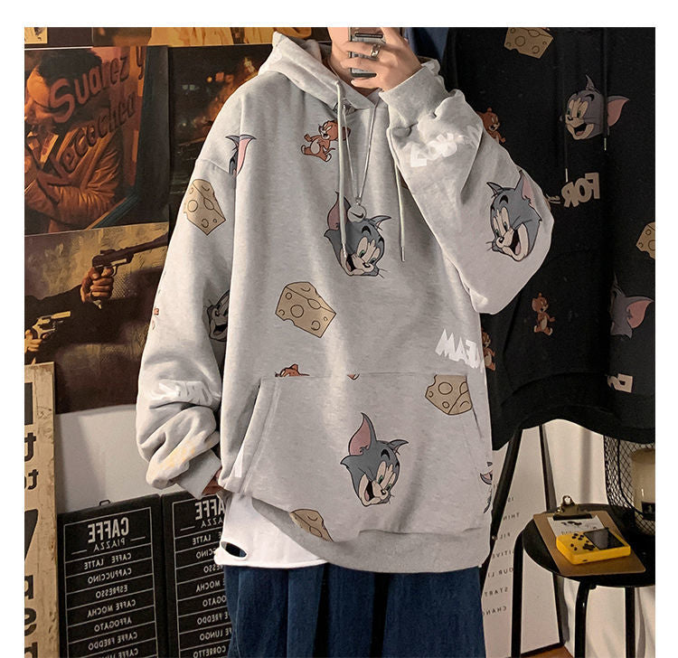 Cute Funny Cat Mouse Print Cartoon Oversized Loose Hoodie Sweatshirt Pullover Sweater Casual E-Girl Kawaii Korean Japanese Harajuku Streetwear