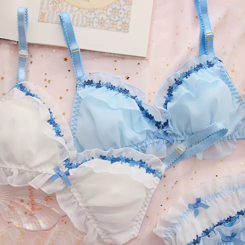 Sweet Fairy Blue Lace Bra + Panty Set Underwear Lingerie Summer Aesthetic Casual E-Girl Kawaii Korean Japanese Harajuku