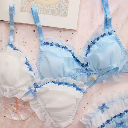 Sweet Fairy Blue Lace Bra + Panty Set Underwear Lingerie Summer Aesthetic Casual E-Girl Kawaii Korean Japanese Harajuku