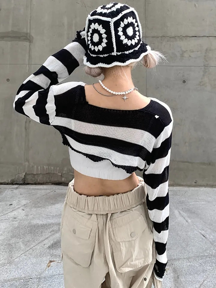 Black & White Crochet Long Sleeve Shrug