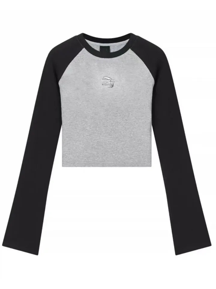 Black & Grey Patchwork Long Sleeve Crop Top