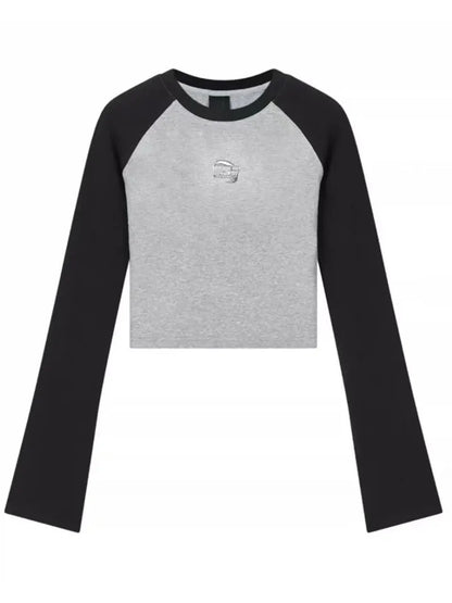 Black & Grey Patchwork Long Sleeve Crop Top