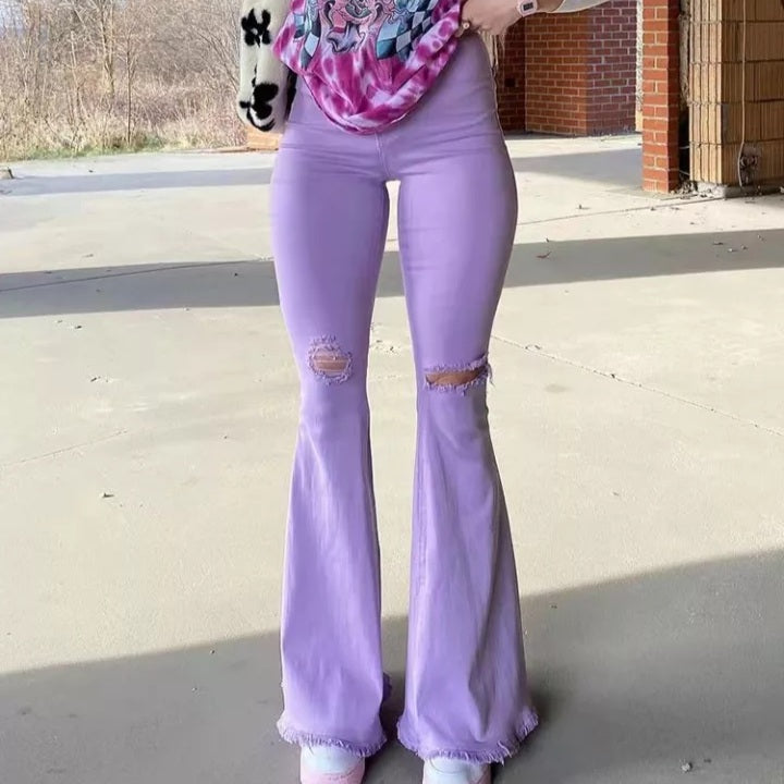 Cute Purple Flare Jeans High Waist Baggy Wide Leg Pants Ripped Trouser Summer Aesthetic Casual E-Girl Kawaii Korean Japanese Harajuku